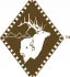 A diamond-shaped logo with a buffalo and elk illustration, a mountain backdrop, and a decorative border.